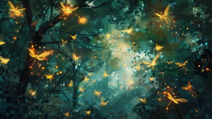 Fototapeta na wymiar A painting of a forest with many butterflies flying around. The butterflies are glowing in the dark, creating a magical and serene atmosphere