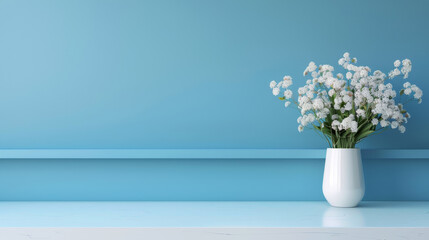 White flowers in a vase on a blue shelf and background, clean minimalistic style, concept of home decor. Generative AI