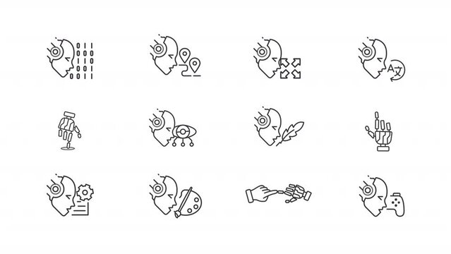 Animated AI related icons. Artificial intelligence in everyday life line animation library. AI applications. Black illustrations on white background. HD video with alpha channel. Motion graphic