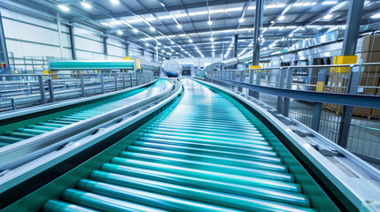Fototapeta premium Modern conveyor belt system in a large-scale factory, with a bright light environment, depicting industrial automation. Generative AI