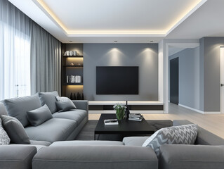 A modern living room interior with a sofa, TV, and shelving unit on a neutral background, concept of contemporary home design. Generative AI