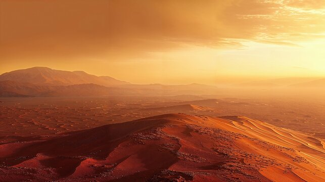 Atmospheric Panorama on the Surface of Mars. Martian Landscape Photo with Hazy Orange Sky.