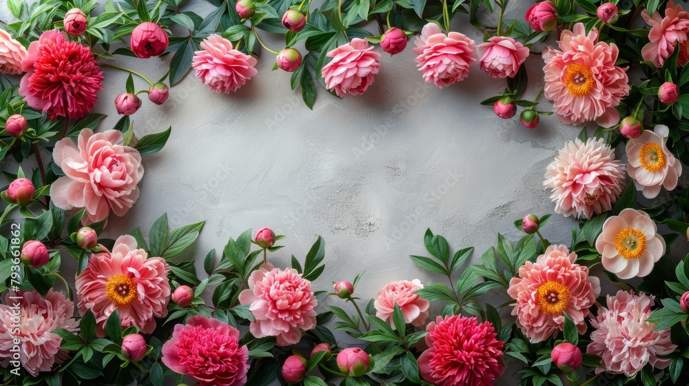 Aufkleber top view of peony frame with empty center space on white background generative ai