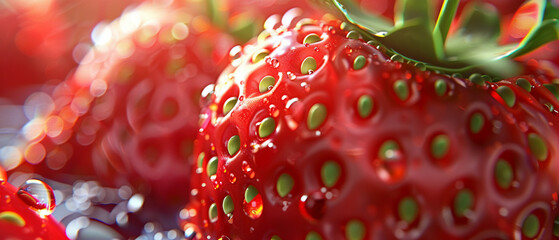 Vector 3D close-up of a juicy ripe strawberry, water droplets and seed details