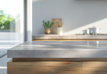 Fototapeta premium Close-up of a modern kitchen countertop with cabinets, showing a refined interior design concept on a bright background, Generative AI.