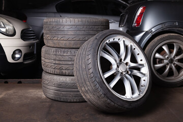 Car alloy wheels with tires for a luxury car.