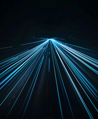 Modern Tech Marketing Poster: Light Streaks and Dark Blue Lines Forming a Road on a Black Background