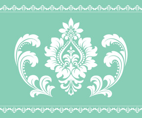 Damask graphic ornament. Floral design element. Green and white vector pattern