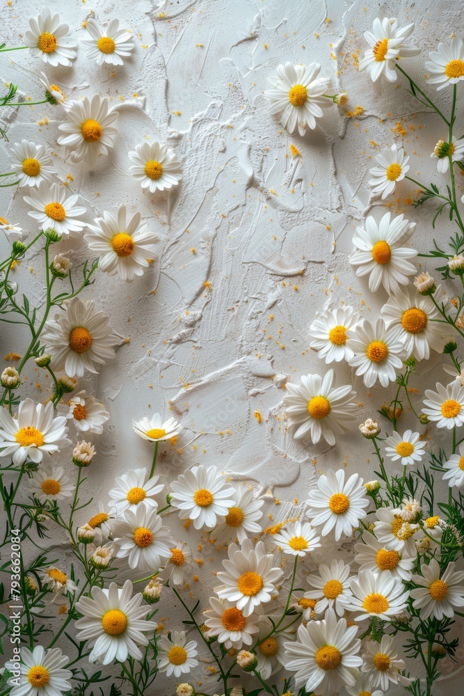 Poster frame made of macro matricaria chamomilla on solid white background generative ai