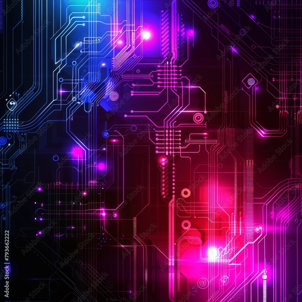 Poster A colorful image of electronic components with a bright pink background