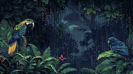 Pixel art tropical rainstorm, lush foliage, and exotic birds taking shelter - obrazy, fototapety, plakaty