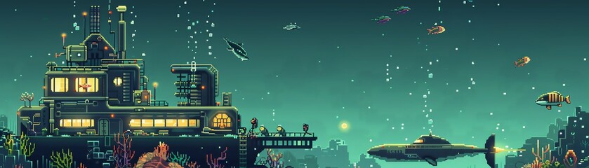 Pixel art underwater research facility, submarines, marine scientists, and sea life - obrazy, fototapety, plakaty