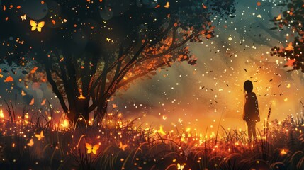 Mystical firefly illustrations capturing the essence of summer nights, their soft glow illuminating the white canvas - obrazy, fototapety, plakaty