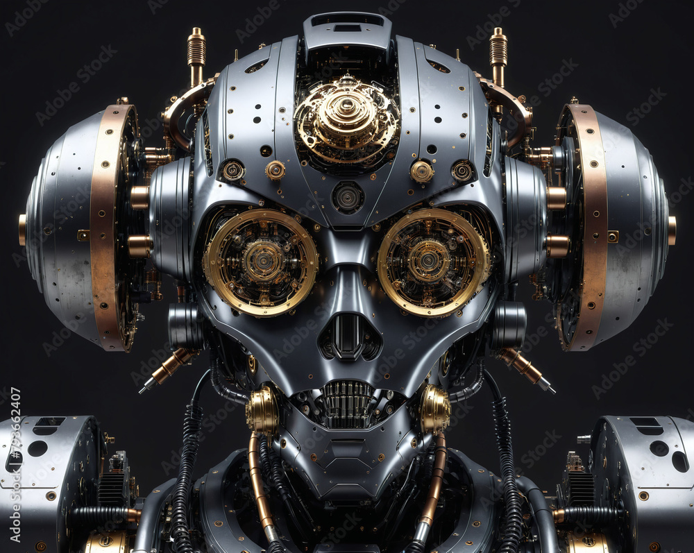 Poster steampunk robot with golden elements. generated ai