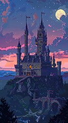 Pixelated European castle tour, tourists, historical guides, and majestic architecture