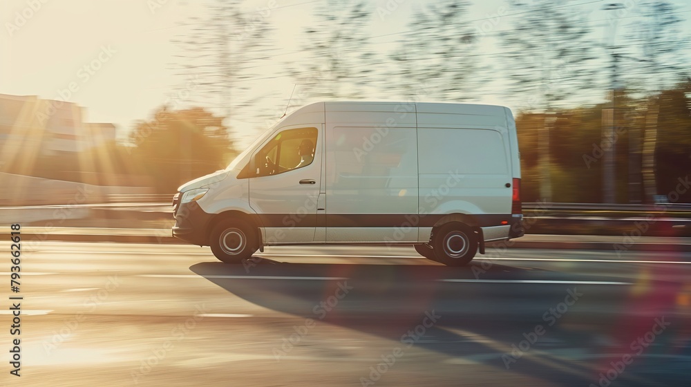 Wall mural white delivery courier van moving fast on city road - shipment cargo distribution logistic business