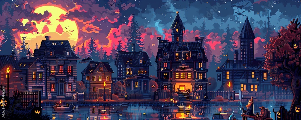 Wall mural Pixelated Halloween town, trick-or-treaters, haunted houses, and spooky decor