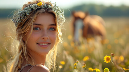 A young blonde woman wears a wreath of wildflowers on her head on a sunny day, with a horse grazing in the background.