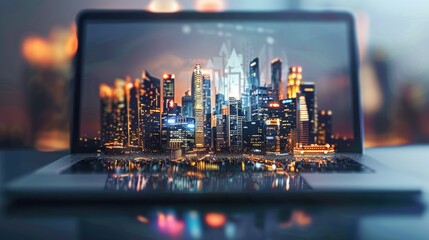 Holographic city skyline emerging from laptop screen
