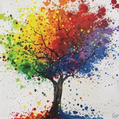 Vibrant abstract tree made of splattered paint techniques in a rainbow of colors.