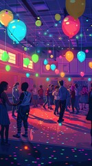 Naklejka premium Pixelated high school prom night, decorated gym, dancing students, and balloons