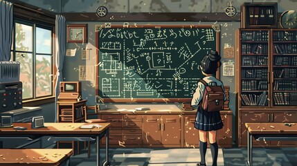 Pixelated scene of a Japanese classroom, girl in uniform solving a complex math problem on chalkboard