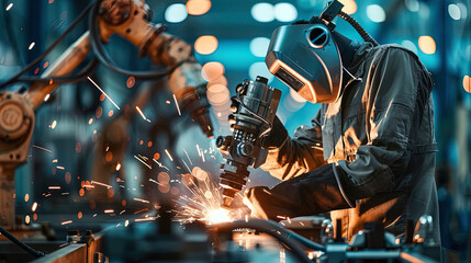 A welder welds metal at a factory. The welder uses an innovative welding machine to weld complex structures.