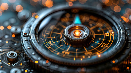 Technological compass against the background of a sparkling world map.