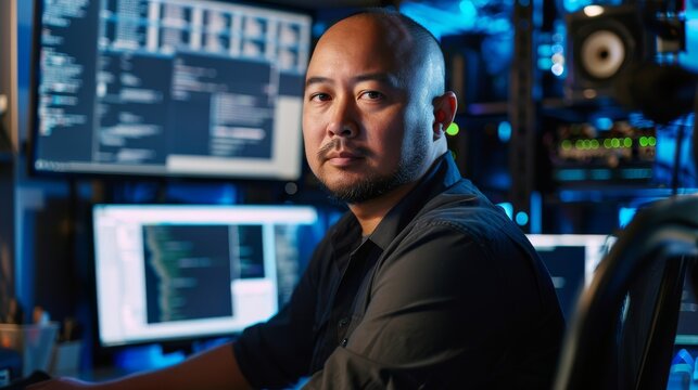 Computer scientist in a tech lab, inventive, coding on multiple monitors, concentration intense, styled as a sleek, modern portrait.