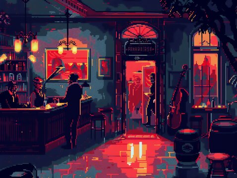 Retro pixel art Prohibition-era speakeasy, secret entrance, flapper dancers, and jazz band