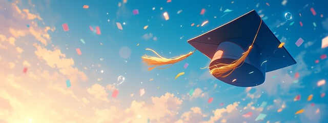 A black graduation cap with yellow tassels floats in the blue sky with sunlight and bokeh background for school education concept banner design. White clouds, paper planes, envelopes, graduation theme