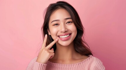 Confident Asian woman in a muted pink setting, looking directly at the camera, pointing to her smile, styled as bold and straightforward.