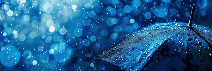 background with umbrella and rain, blue colour, and bokeh effect