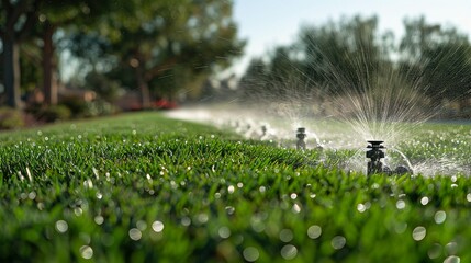 In authentic stock-style photos automated irrigation systems for lawn and garden watering are depicted