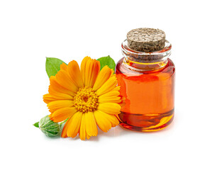 Aromatherapy essential calendula oil on white backgrounds - obrazy, fototapety, plakaty