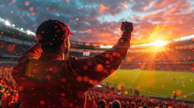In realistic stock photo style fans are depicted eagerly watching major sporting events from the stands