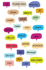 Set of color speech bubbles Short Phrases. Cartoon Vector illustration. Isolated on transparent white background. Hand draw style, dialog clouds