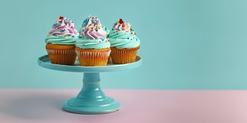 Festive cupcakes on a stand with vibrant icing and sprinkles.