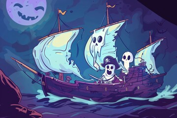 Naklejka premium Cartoon cute doodles of ghostly pirates sailing the high seas on a haunted ship, Generative AI