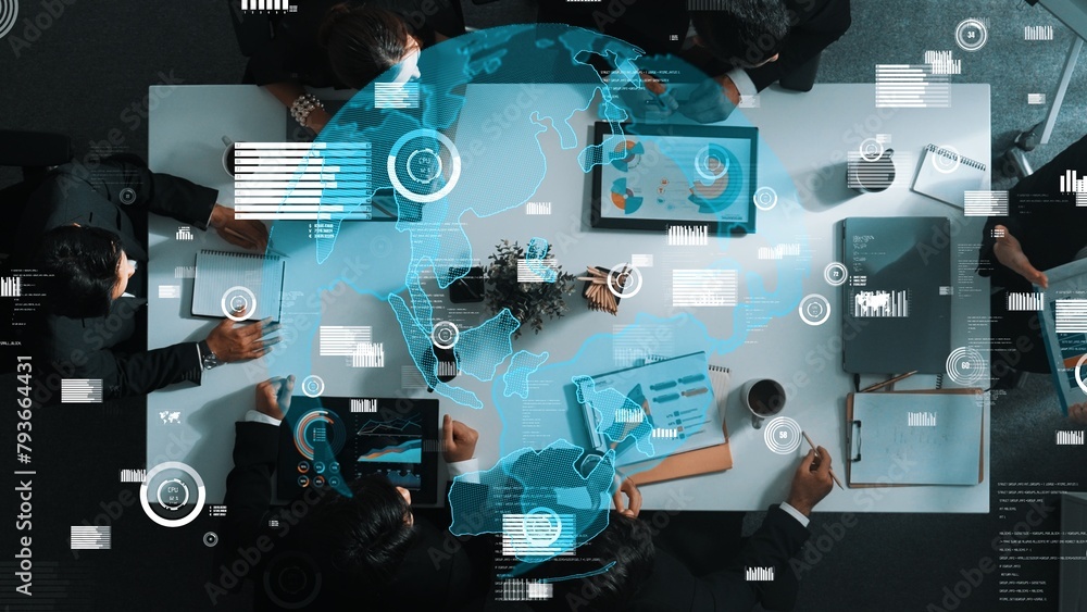 Poster top down aerial view of skilled business team listening manager present global networking system whi