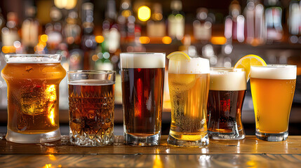 Large selection of beers on the bar counter. Light and dark beer with foam is poured into different glasses and mugs.