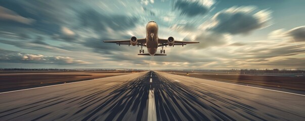 An airplane taking off from the airport runway, with blurred motion and a beautiful sky in background - obrazy, fototapety, plakaty