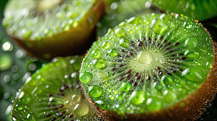 Close-up of kiwi with water drops. On a black background.
