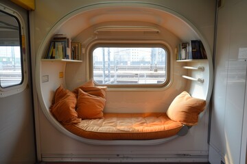 Modern capsule hotel room interior with city view
