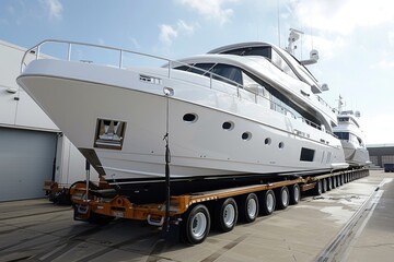 Naklejka premium Luxury yacht transported on trailer at harbor