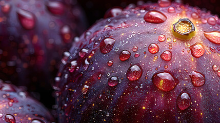 Close-up of figs with water drops. On a black background.