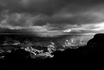Black and white image of storm over Grand Canyon, Arizona