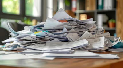 cluttered pile of various papers and documents resting atop a sturdy wooden table in a disorganized manner, bunch of loan documents spread on a business table