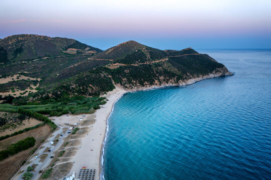 Solana beach and Cape boi aerial drone view at sunset in Sardinia