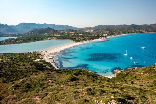 Porto Giunco beach aerial drone view in Sardinia, Italy